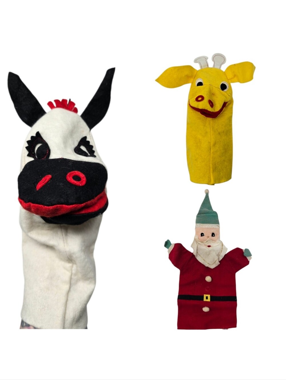 Vintage Handmade Felt Hand Puppets Donkey Giraffe & Santa Claus Bundle